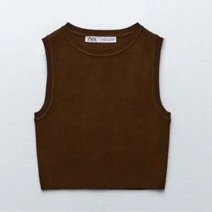 Zara high neck ribbed brown crop tank